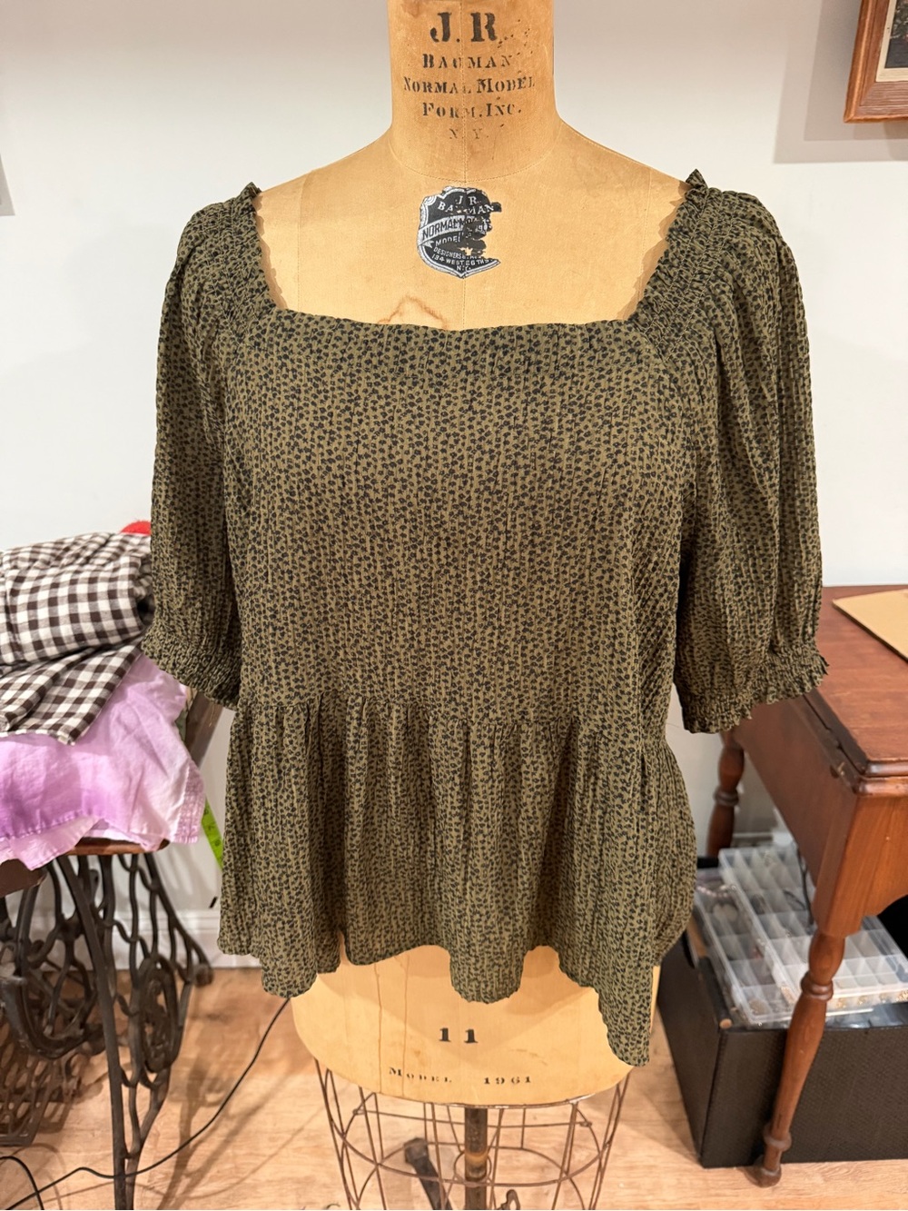 LOFT Olive Green Square-Neck Peplum Blouse